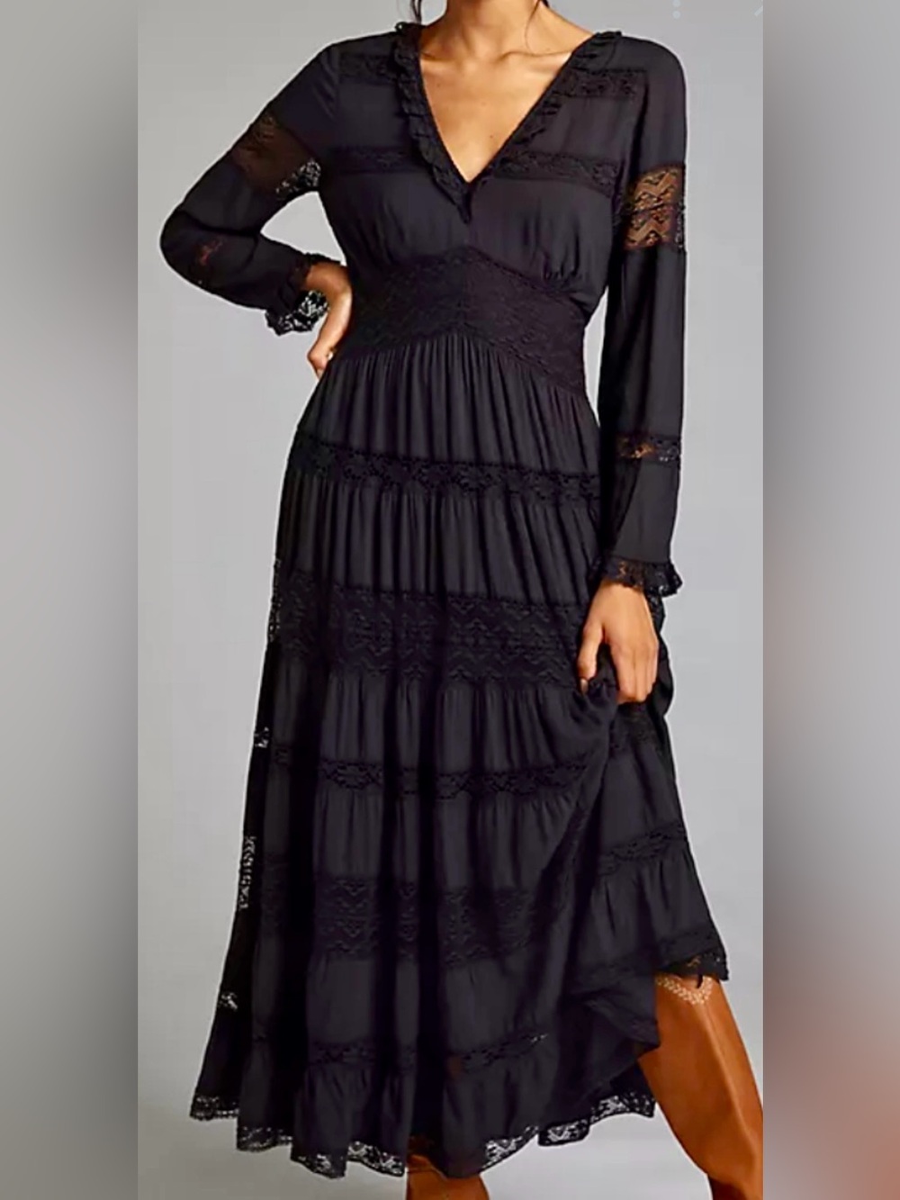 Forever That Girl by Anthropologie Black V-Neck Lace Tiered Maxi Dress Sz. XS